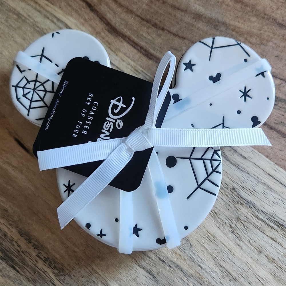 Disney Mickey Mouse White and Black Ceramic Coaster Halloween Spooky Set NWT